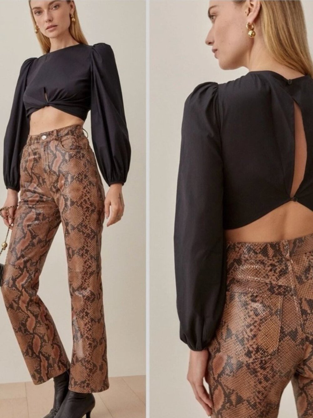 Reformation Derek Top Black Crop Top Puff Sleeve Twist Front Organic Cotton